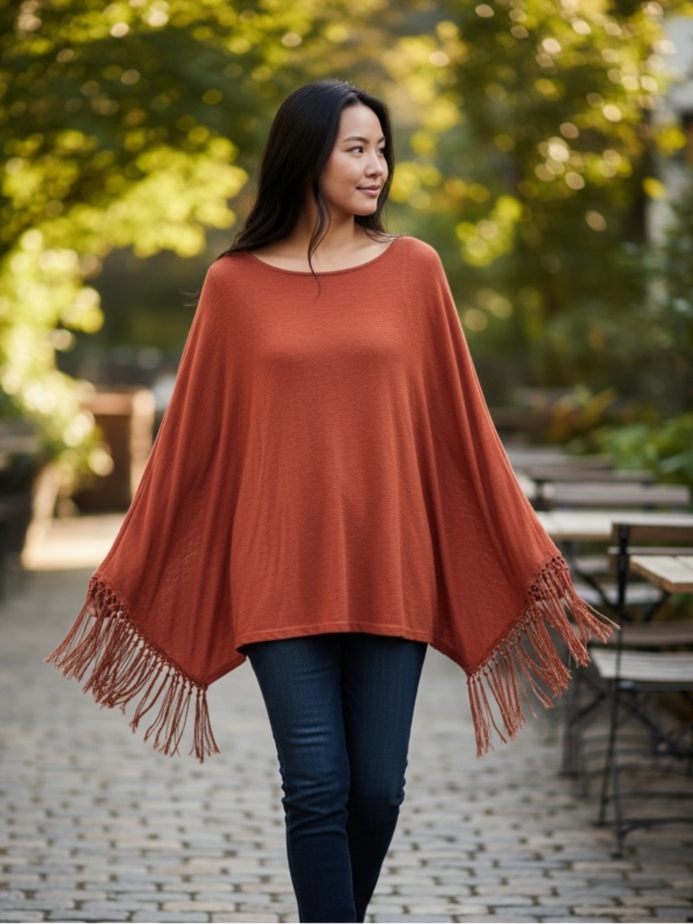 Fringe dolman sleeve Top in Rust Orange